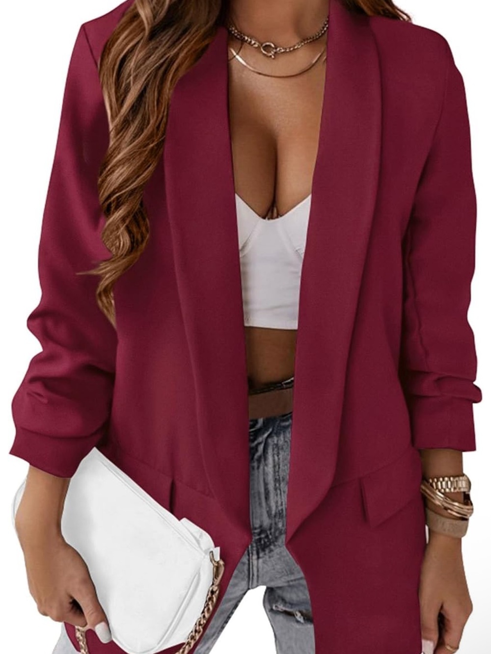 Kirundo Women's Open Front Burgundy Blazer Jacket